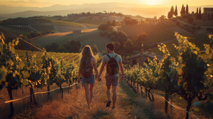 Young couple hiking on beautiful vineyard