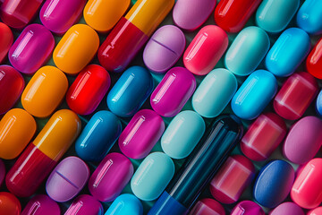 An array of colorful pill capsules arranged in a geometric pattern, symbolizing pharmaceutical innovation.
