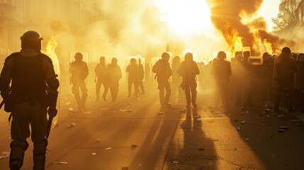 Fototapeta premium Special police forces or army on the street, anti-riot operation, mopping up territory