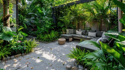 Backyard oasis with lush greenery and a cozy seating area, perfect for relaxation and outdoor enjoyment.