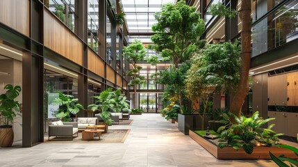 Fototapeta premium Atrium filled with tall indoor trees and plants, creating a refreshing and inviting atmosphere for building occupants.