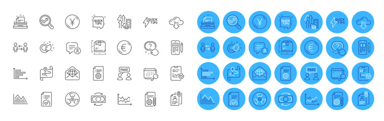 Diagram chart, Documentation and Horizontal chart line icons pack. Yen money, Quick tips, Report checklist web icon. Interview documents, Technical documentation, Approved document pictogram. Vector
