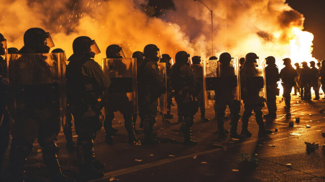 Special police forces or army on the street, everything is on fire, anti-riot operation