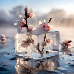 cherry blossom frozen inside an ice cube on blue