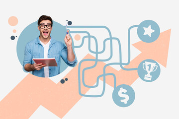 Composite photo collage of excited man hold notepad pen idea decision puzzle way choose star dollar cup isolated on painted background