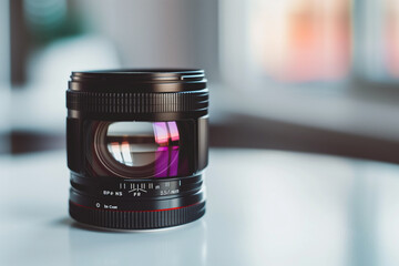 Display a high-end camera lens placed elegantly on a plain white table. This composition emphasizes precision engineering and professional photography equipment. - obrazy, fototapety, plakaty