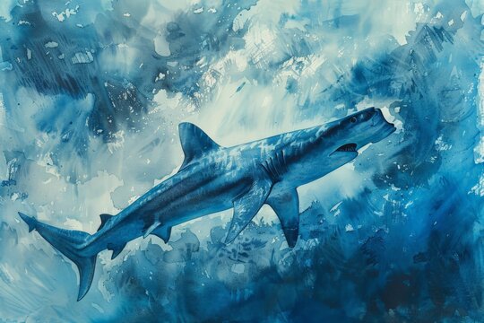 Hammerhead sharks have a head that is flattened and flared out on either side, resembling a hammer
 or wing, with eyes at the ends. Watercolor painting. Use for wallpaper, posters, postcards, brochure