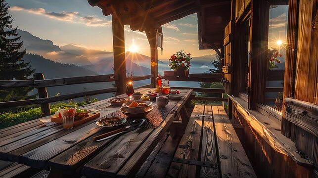 Breakfast table in rustic wooden terace patio of a hut hutte in tirol alm at sunrise