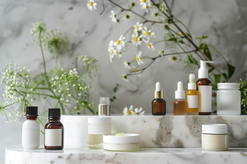 Showcase a collection of organic skincare products arranged neatly on a marble slab, emphasizing the natural textures and colors.