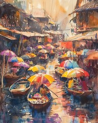 Watercolor painting of a floating market. A floating market is a community area for buying and selling
 various goods on water, with boats as vehicles for transporting goods. Use for phone wallpaper.