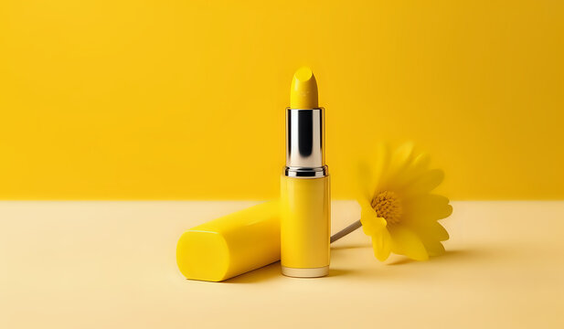 yellow lipstick advertisement ,where the freshness of aroma is visualized through a backdrop yellow flower petals