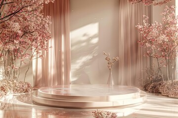An elegant and sophisticated product display scene featuring a delicate pink blossom tree with a beautiful pink and white color scheme