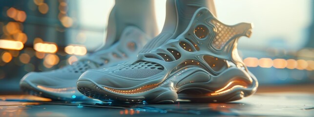 Design a pair of shoes that look like they belong in the year 2089. They should be stylish, comfortable, and look like they could be worn by a character in a sci-fi movie.