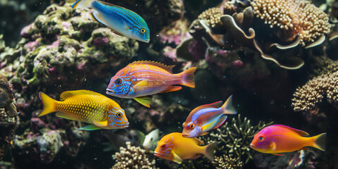 Fototapeta na wymiar Vibrant Marine Life: Colorful Fishes in the Sea Illustration of colorful fishes swimming in the ocean