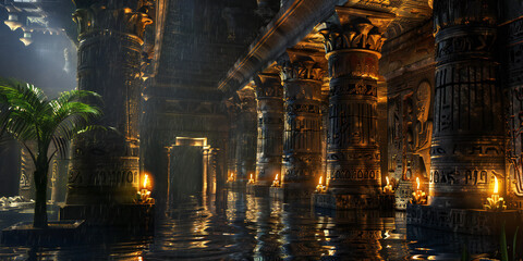 Mysterious Ancient Temple at Night: Illuminated Ruins with Exotic Palms