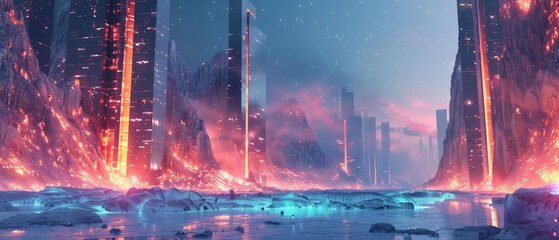 A frozen city with magma flowing through the streets. The sky is dark and the air is filled with ash and smoke. The buildings are tall and covered in ice and snow.
