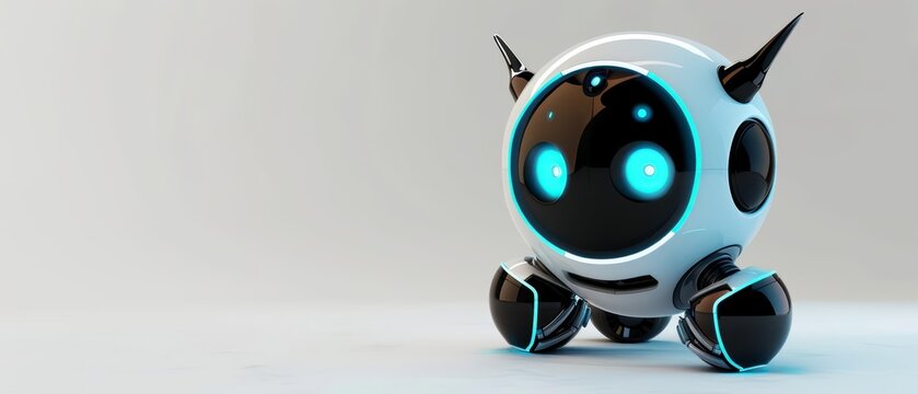 Create a 3D rendering of a cute robot. The robot should be white and have blue eyes. It should also have four wheels and two horns. Make the background white and the lighting soft.