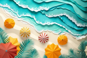 Create an illustration of a beach scene using a paper cut out style. Include palm trees, beach umbrellas, and waves. The colors should be bright and summery.