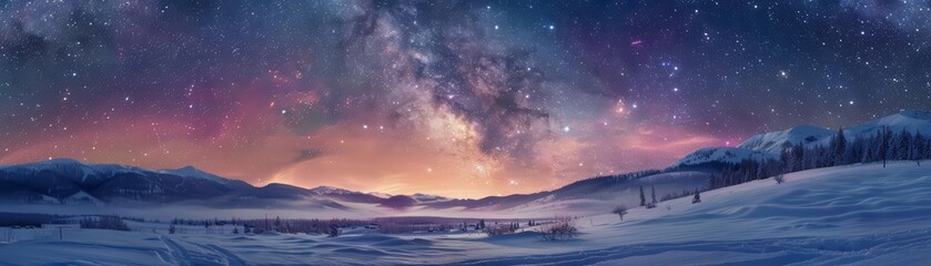 Fototapeta na wymiar The Milky Way stretches across the sky above a snow-covered landscape. The aurora borealis adds a touch of color to the scene.