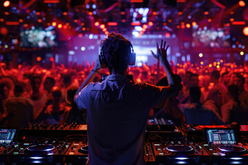DJs in headphones playing music in a nightclub. DJ mixes the track in neon rays, lasers.