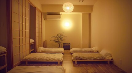 Cozy bedroom interior with several beds, wooden floors, and a hanging light bulb on ceiling