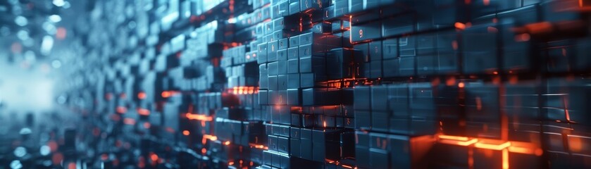 Fototapeta premium A glowing blue and orange circuit board with a metallic texture.