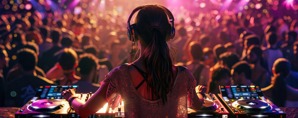 DJs in headphones playing music in a nightclub. DJ mixes the track in neon rays, lasers.