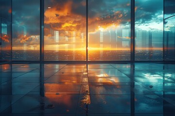 Sunset in the window of a modern office building or airport