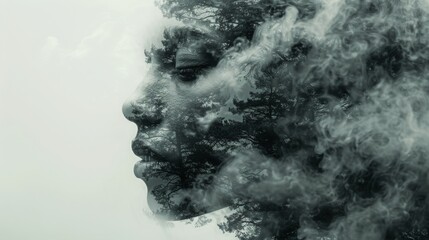 Digital composite of Portrait of woman with smoke in black and white