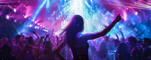 beautiful lovely woman dancing at a party in a nightclub in neon rays. woman relaxing and having fun