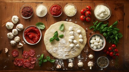 An array of pizza ingredients including dough, mozzarella, tomatoes, basil, pepperoni, and sauces, arranged neatly on a wooden surface, ready for pizza making. - obrazy, fototapety, plakaty