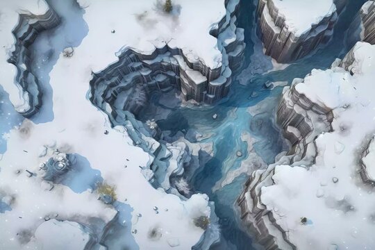 DnD Battlemap Arctic frozen waterfall, a stunning winter scene.