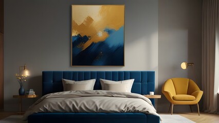 Wall Art Mockup, Interior Design of Bedroom Blue and Golden Theme, Bedroom Wall Art Mockup