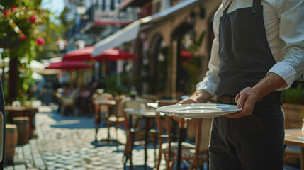 Waiter with empty tray in outdoor