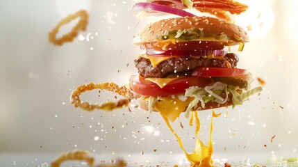 A deconstructed cheeseburger with its ingredients suspended in mid-air, featuring layers of bun, lettuce, tomato, cheese, patties, and onions, with condiments seemingly splashing outward.