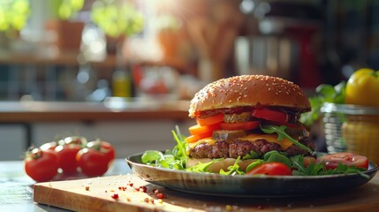 A juicy burger with lettuce, tomatoes, cheese, and onions on a sesame seed bun, served on a plate...