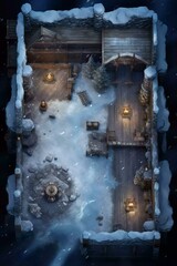 DnD Battlemap Icicle-framed Polar Lodge - Wooden War : Summary : An image of a wooden lodge framed by icicles.