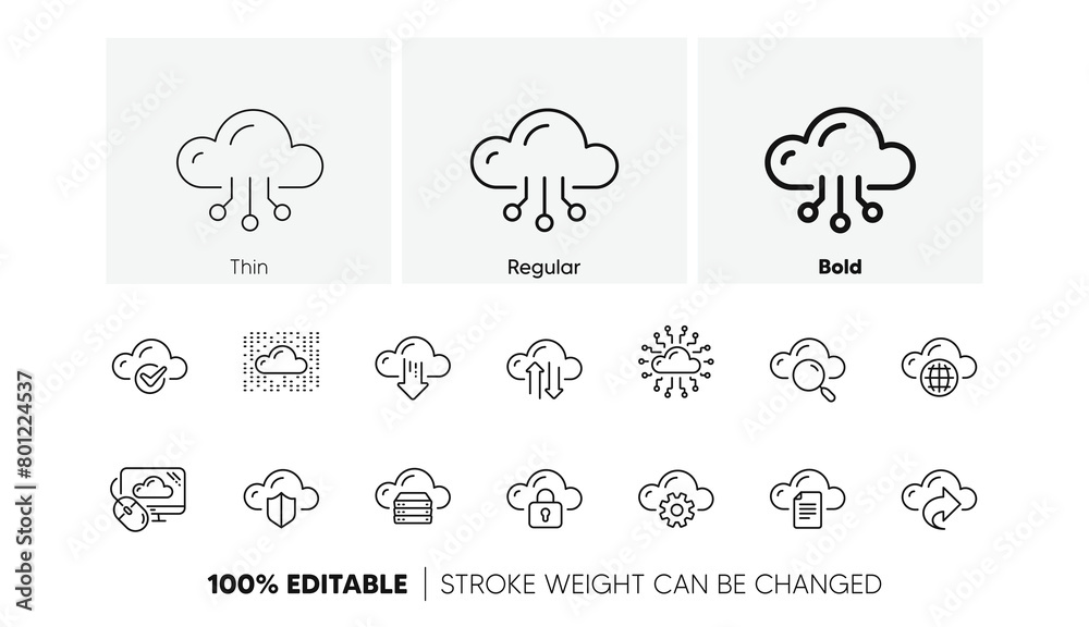 Poster hosting, computing data and file storage. computer cloud icons. computer sync technology linear icon