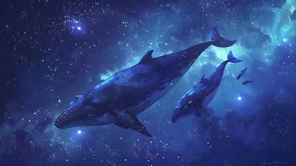 Whales swim gracefully in a mesmerizing underwater scene that echoes the vastness and wonder of a star-filled sky.