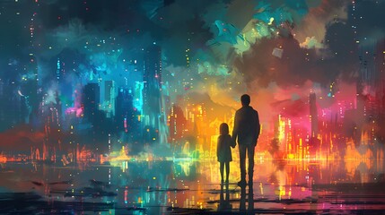 A father and daughter stand hand-in-hand, absorbed in the contemplation of a dazzling, colorful futuristic city at dusk.