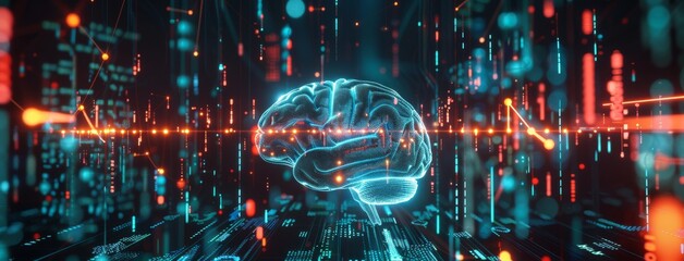 Futuristic digital brain in virtual environment with glowing neural network