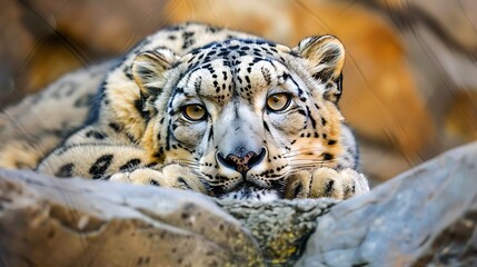 Close up of a snow leopard lying on rocks looking at the camera
