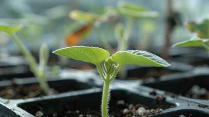 Close Up of Young Plant Growing in Seed Tray in Greenhouse with Shining Light