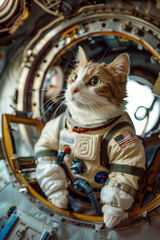 Cute cat in astronaut suit sitting in space ship.