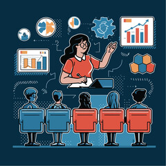 Business meeting animation. speaker pointing at presentation on board with graphs chart during business seminar. Office worker showing report with pointer. flip chart, mouth narration, cartoon style