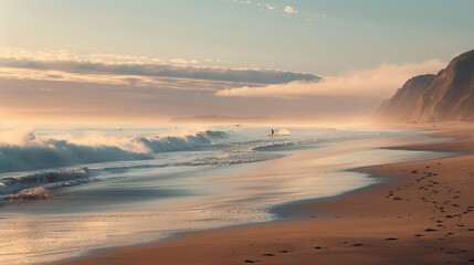 At sunrise, a serene shoreline sees a surfer riding the initial wave.