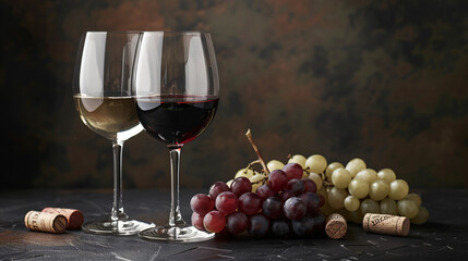 Wine glasses with grapes and corks on dark background