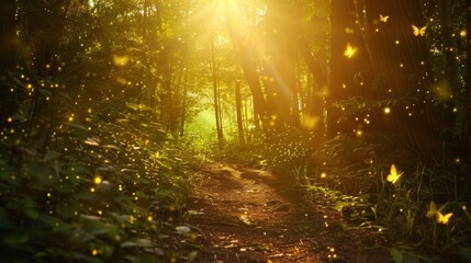 Fototapeta premium photo Magical fireflies fly towards the rays of sunlight in a forest that has a path