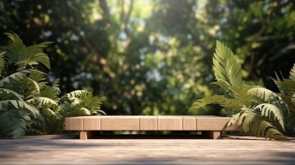 a wooden catwalk stand with a blurred background of nature leaves , 3d rendering, nature