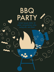 Barbecue poster. BBQ time. Abstract flat vector illustration with grill barbecue, doodle elements.  Barbecue party invitation for outdoor picnic. Perfect background for menu, posters, cover design - obrazy, fototapety, plakaty